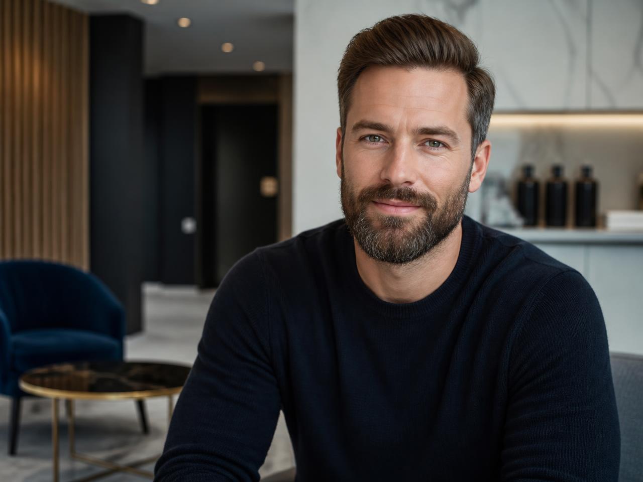 Male client with full hair and a well-groomed beard